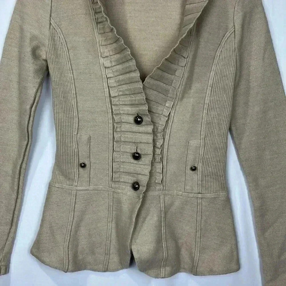 WHBM Womens Cardigan Beige S Military Style Button Up Ruffle Cuffs & Collar EUC - Picture 6 of 16